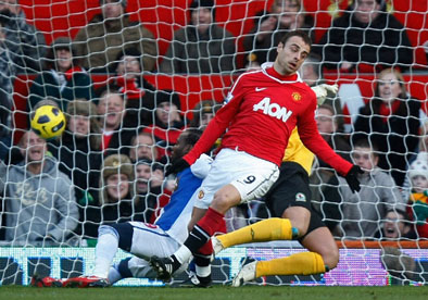 Dimitar Berbatov scores the first goal for Manchester United